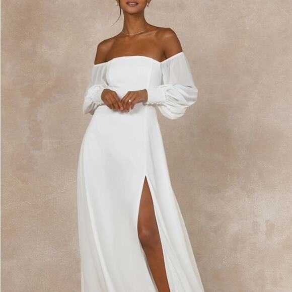 Lulus Wm's Feel the Romance White Off-the-Shoulder Chiffon Maxi Dress Sz L #613 - Picture 5 of 8